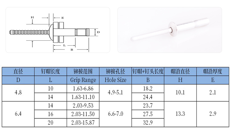圓頭口杯拉絲全鋁抽芯鉚釘規格圖